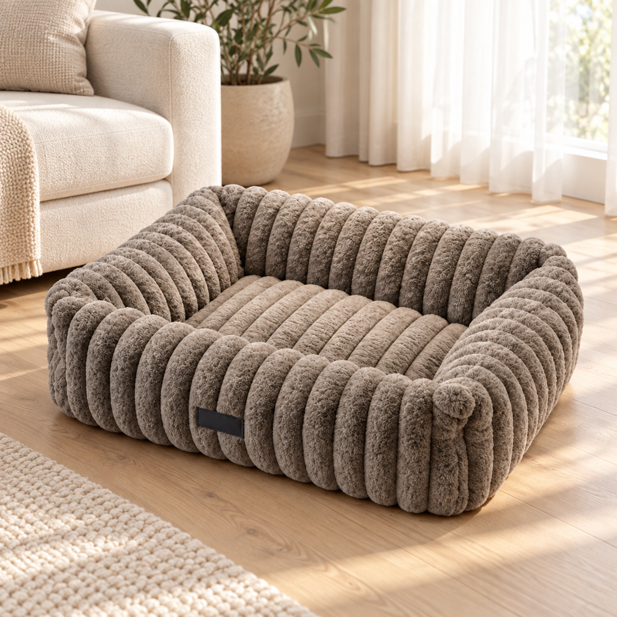 Velvet Nest ribbed cat bed beside a cream sofa