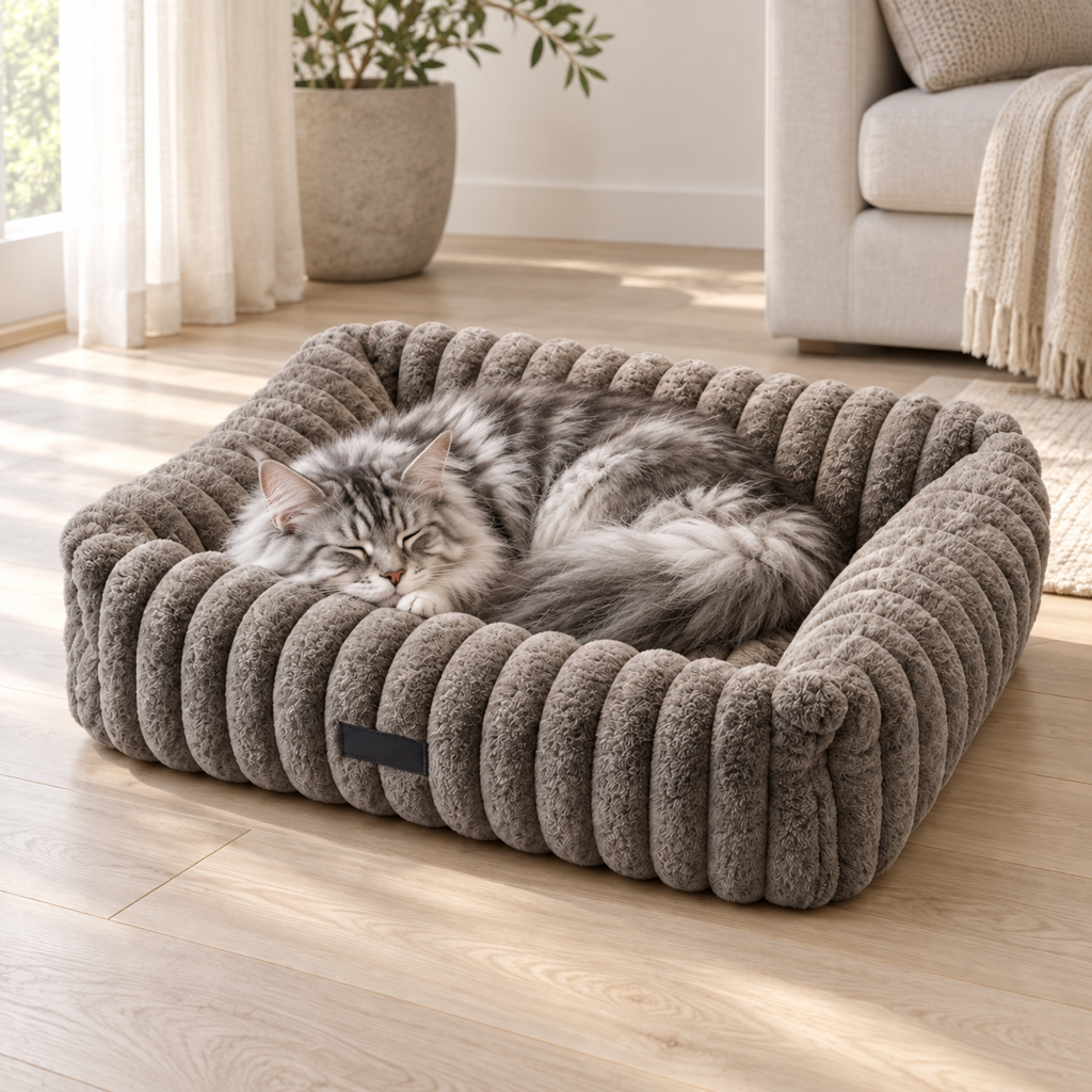 Generated scene of a silver-and-white Maine Coon sleeping in a Velvet Nest bed