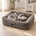 Generated scene of a silver-and-white Maine Coon sleeping in a Velvet Nest bed