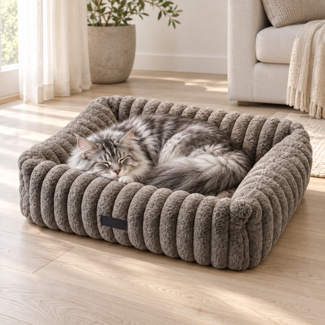 Generated scene of a silver-and-white Maine Coon sleeping in a Velvet Nest bed