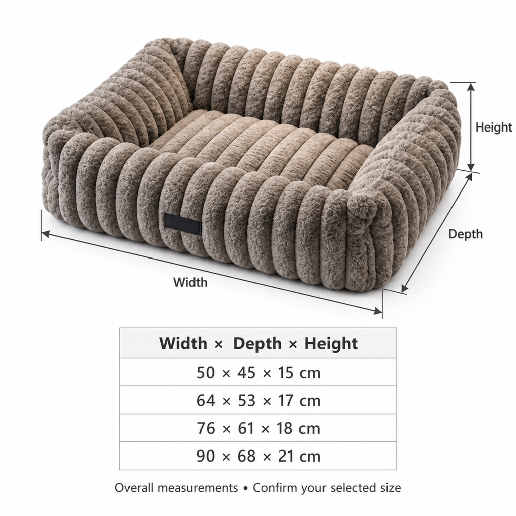 Velvet Nest listed overall measurements with width depth and height arrows: 50 × 45 × 15, 64 × 53 × 17, 76 × 61 × 18 and 90 × 68 × 21 cm; selected size requires confirmation