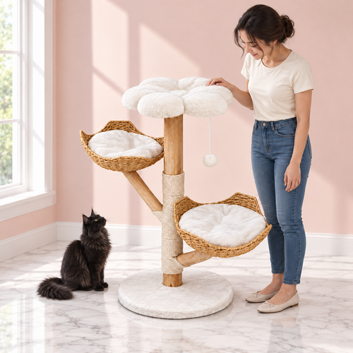 Cat Tree 111 cm – The Willow Cloud with a black Maine Coon in a light pink room