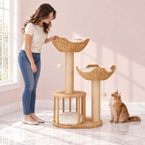 Cat Tree 99 cm – The Willow Nook with a ginger Maine Coon in a light pink room