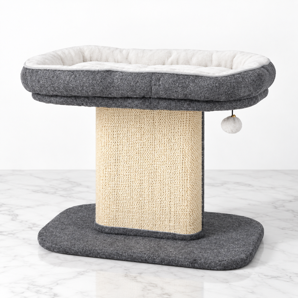 Gray cat perch with sisal scratching panel on white marble