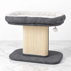 Gray cat perch with sisal scratching panel on white marble