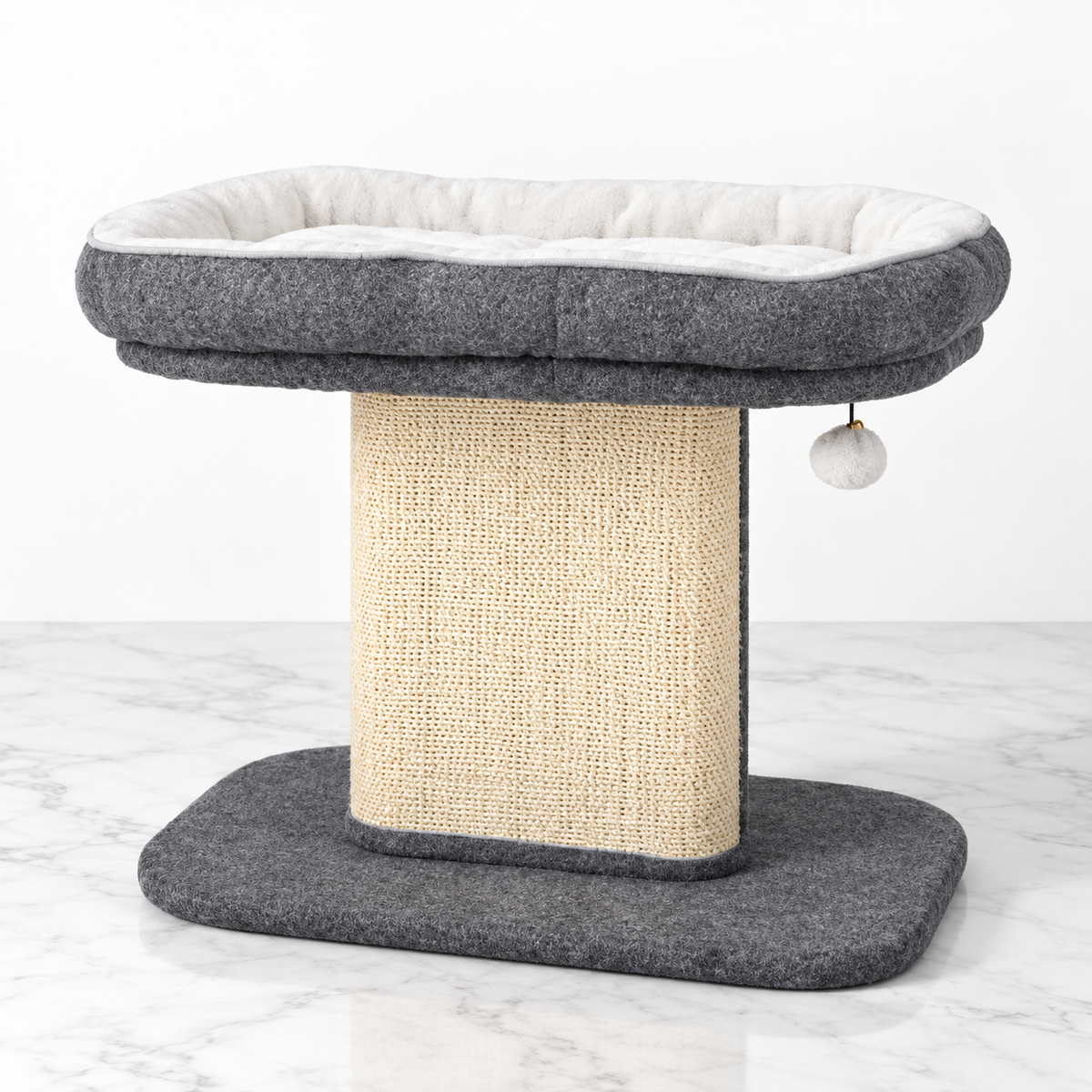 Gray cat perch with sisal scratching panel on white marble