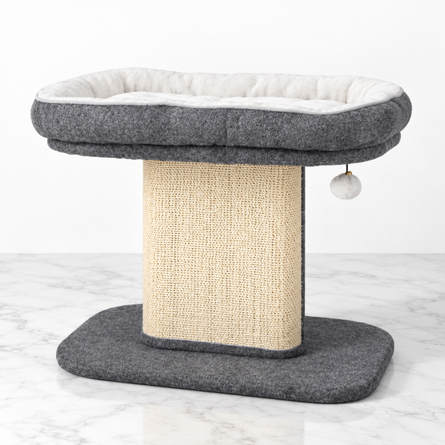 Gray cat perch with sisal scratching panel on white marble