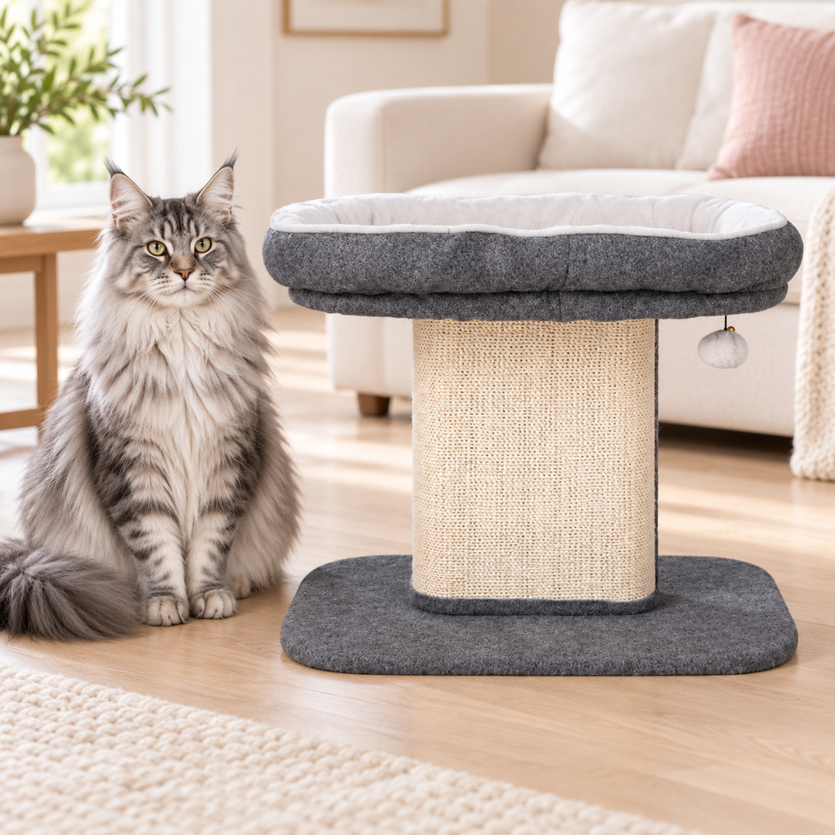 Gray cat perch beside a silver Maine Coon