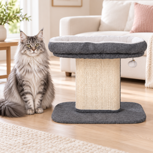 Gray cat perch beside a silver Maine Coon