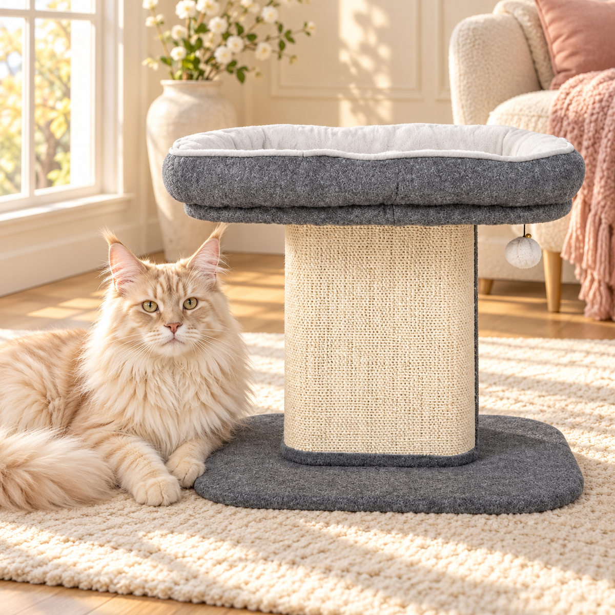 Gray cat perch beside a cream Maine Coon
