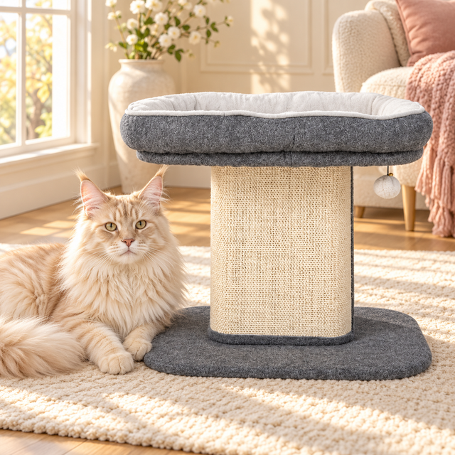 Gray cat perch beside a cream Maine Coon