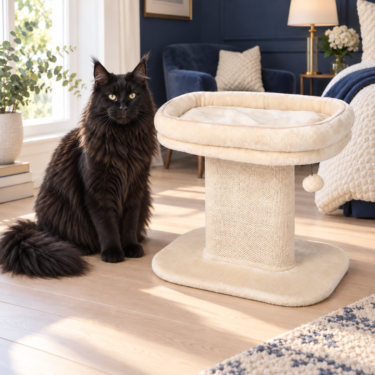 Adult solid black Maine Coon beside the beige low cat perch in a navy and cream bedroom