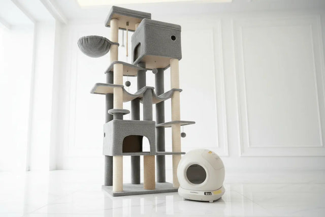 Charcoal 185 cm cat tower beside a white globe litter tray on a light marble floor
