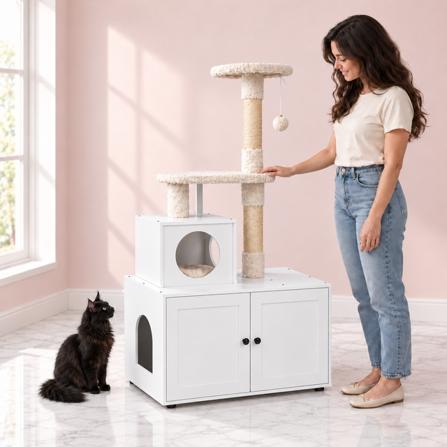 Cat Litter Box Cabinet & Cat Tree 132 cm – The Ivory Gallery