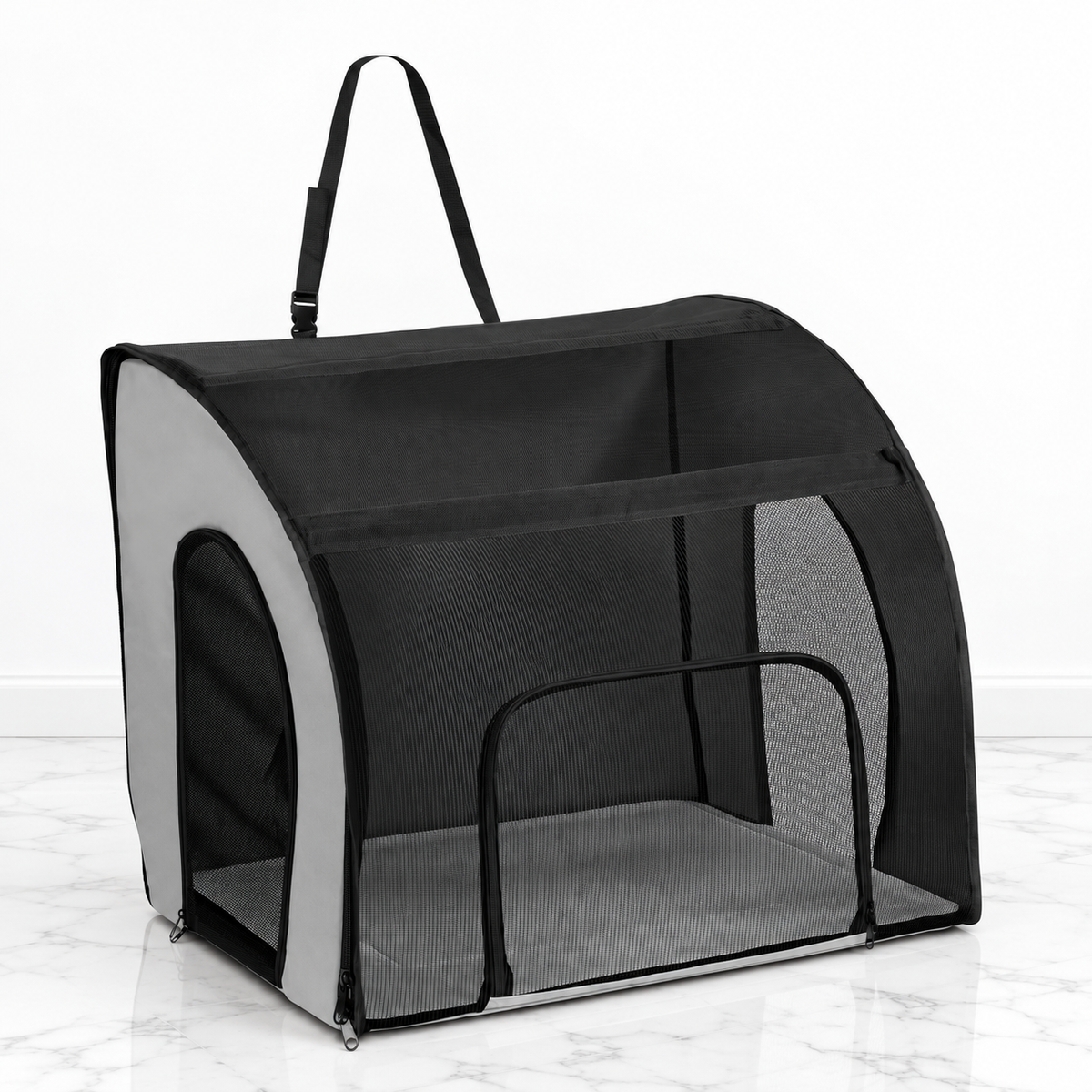 Large Soft-Sided Cat Travel Carrier on white marble
