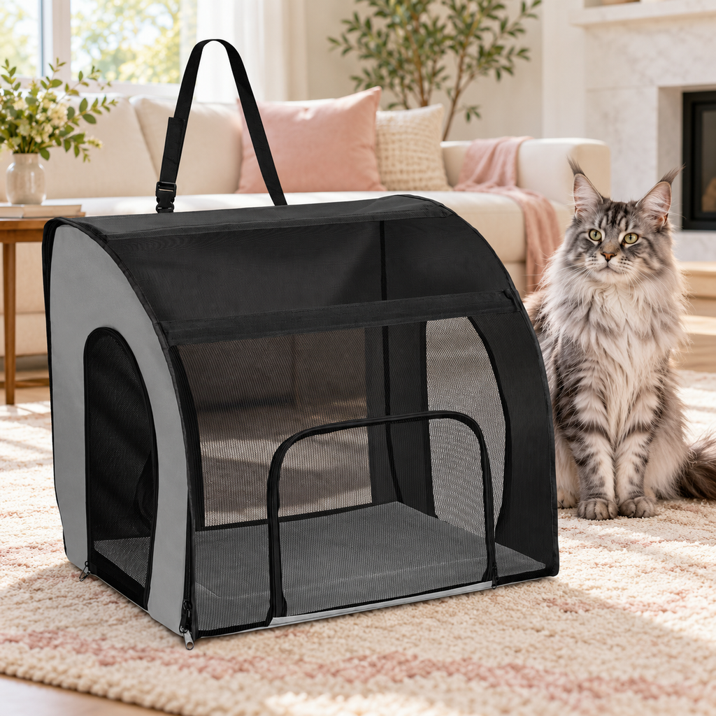 Large Soft-Sided Cat Travel Carrier beside a silver Maine Coon