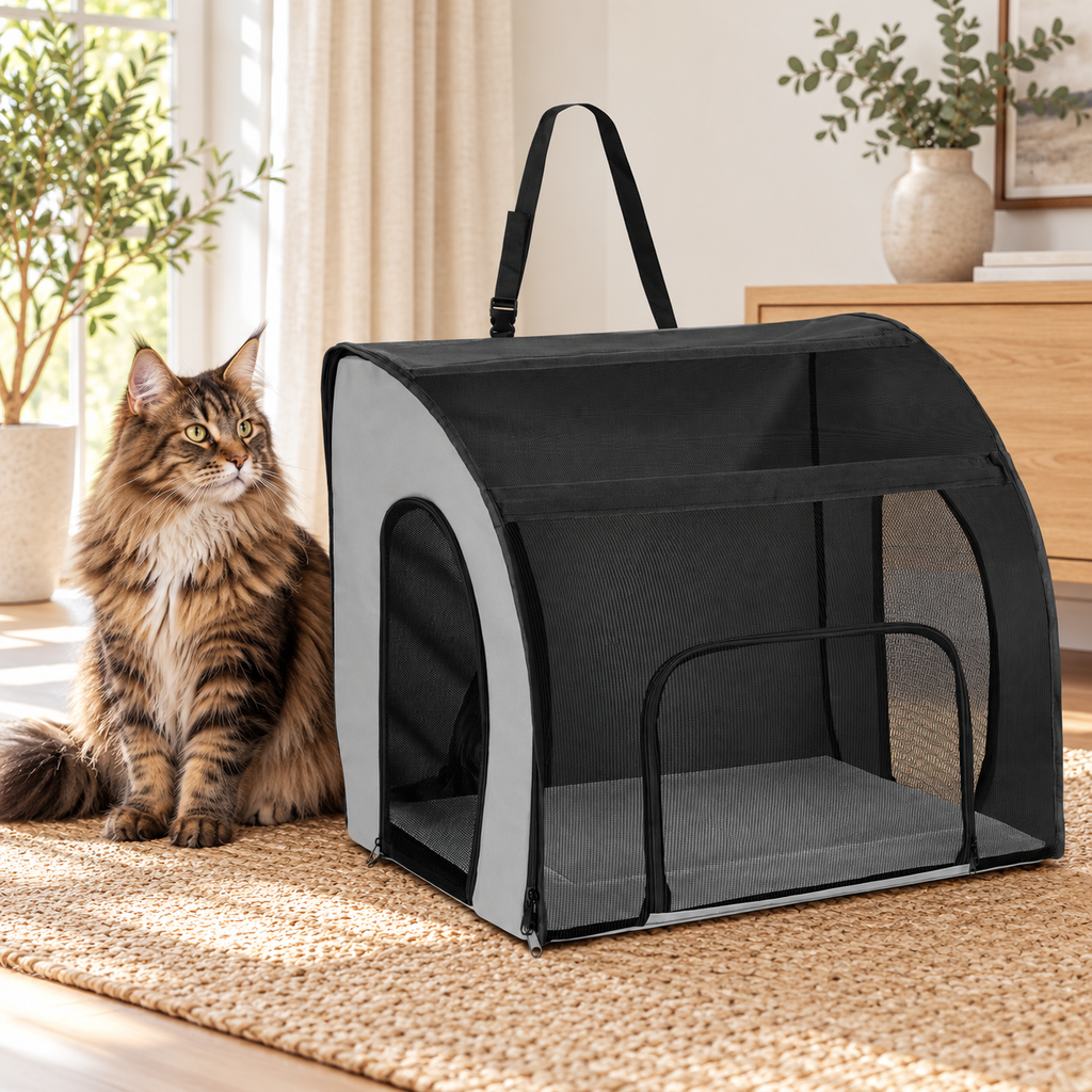 Large Soft-Sided Cat Travel Carrier beside a brown Maine Coon