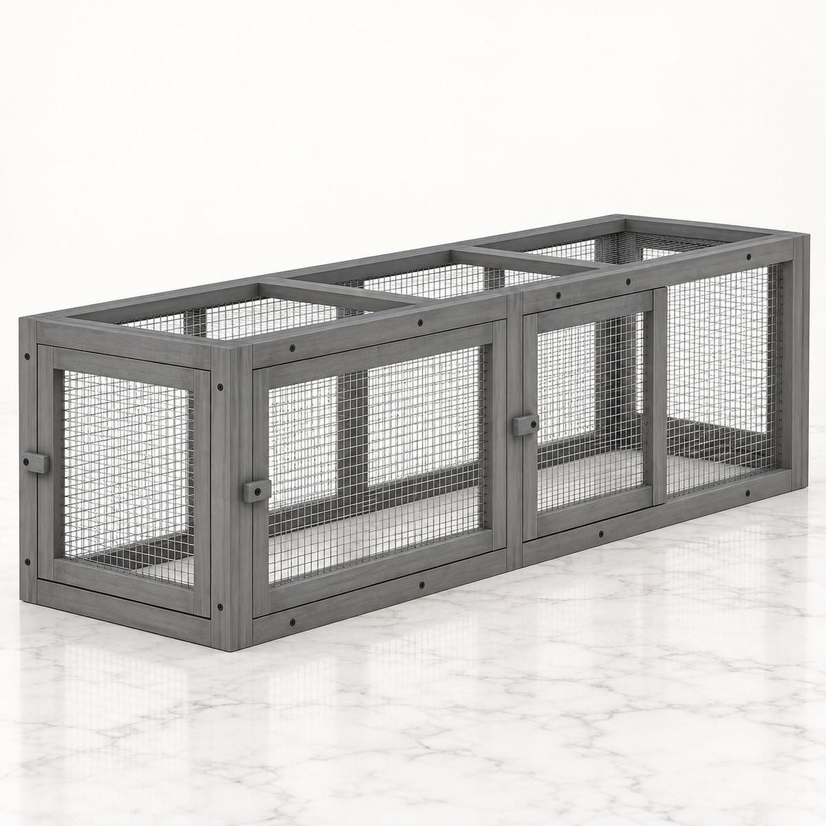 Large grey wooden cat tunnel and modular catio run on light marble