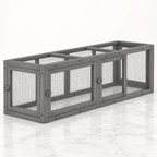 Large grey wooden cat tunnel and modular catio run on light marble