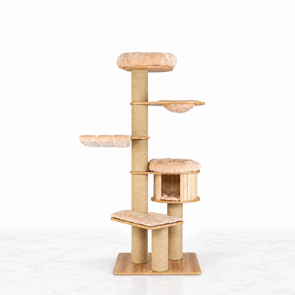 Linden Lookout 191cm beige wooden cat tower on a white marble floor