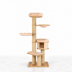 Linden Lookout 191cm beige wooden cat tower on a white marble floor