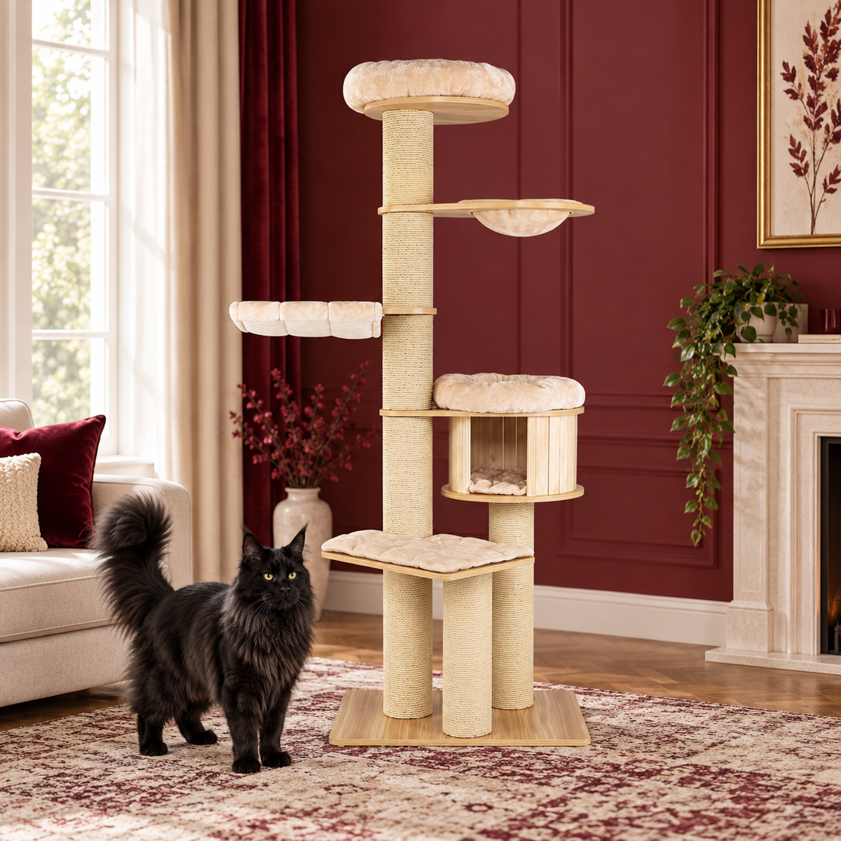 Linden Lookout wooden tower in a burgundy room with a black Maine Coon beside the base