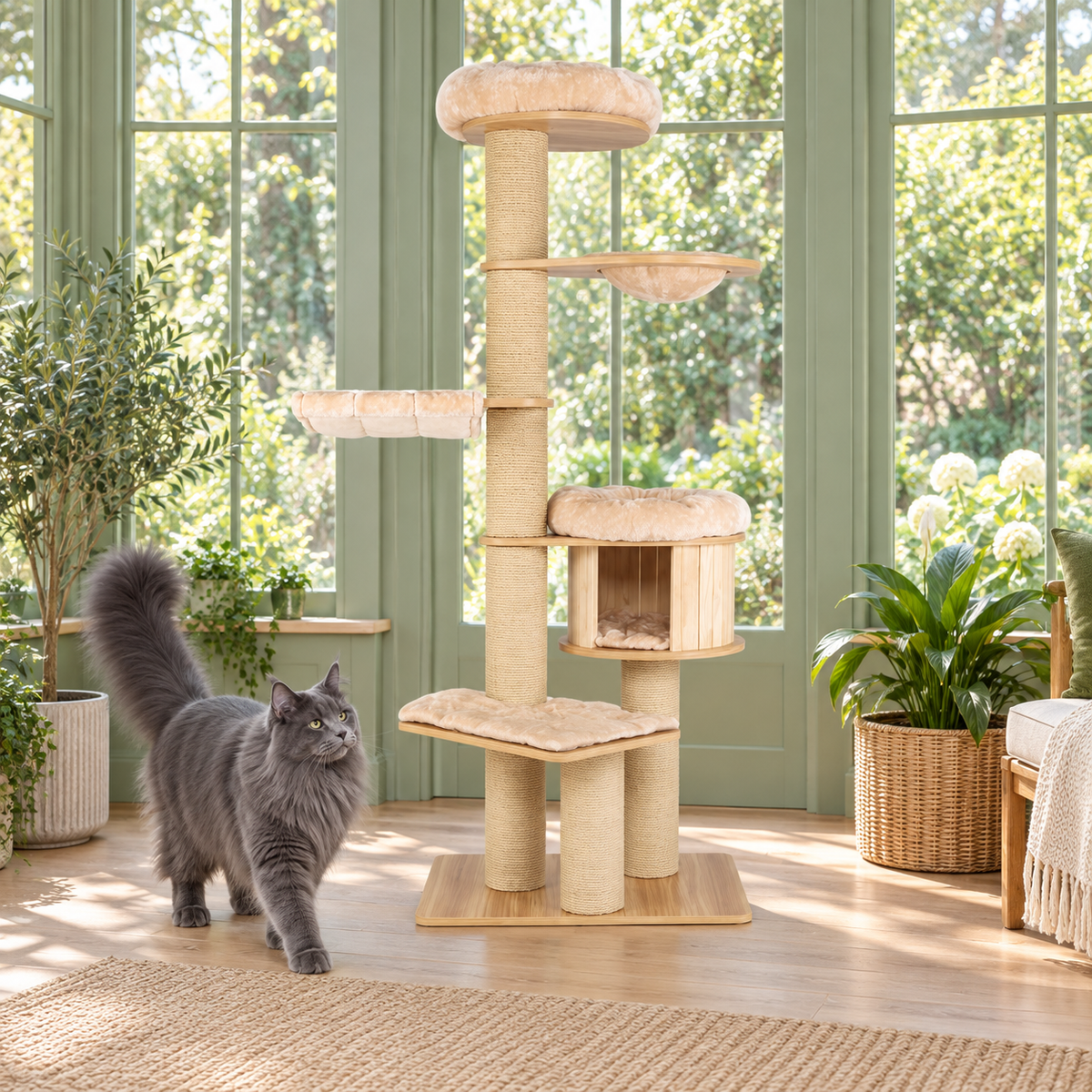Linden Lookout wooden tower in a sage conservatory with a grey Maine Coon beside the base