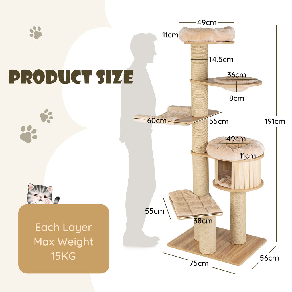 Supplier dimension diagram: tower 75 by 56 by 191 cm, top perch 49 cm and maximum 15 kg per layer
