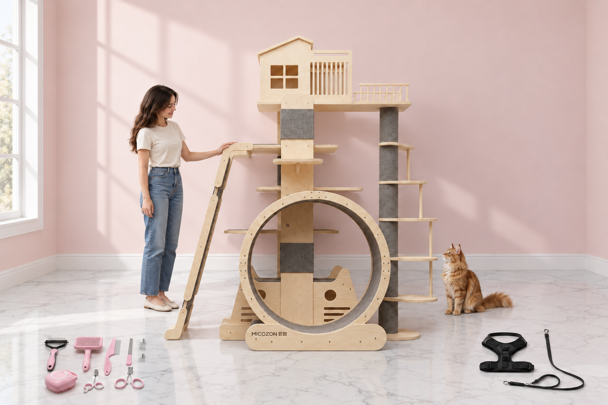 Cat Tree, Grooming Set & Harness Bundle – The New Cat Parent Bundle with a ginger Maine Coon in a pale pink room