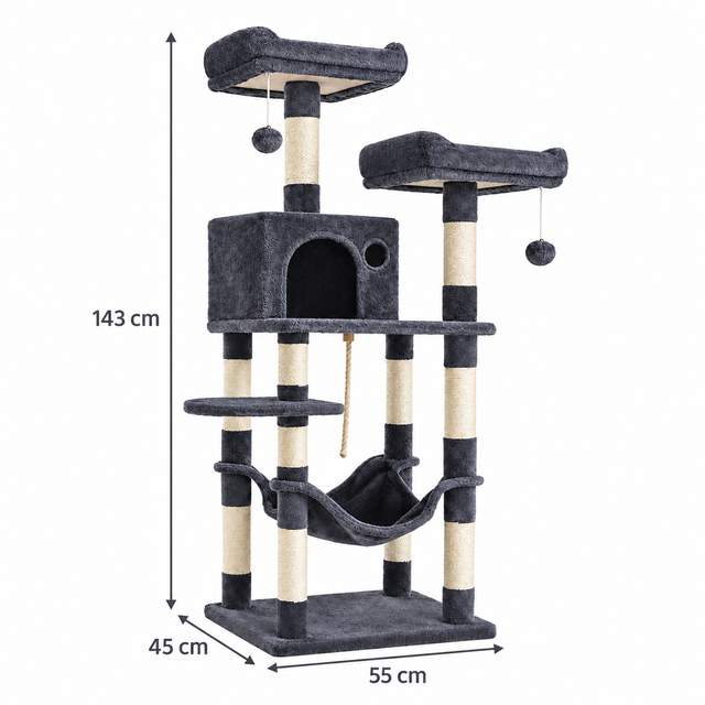 Plain white dimension diagram for The Misty Perch — 143 cm Cat Tower showing product size measurements in centimetres.