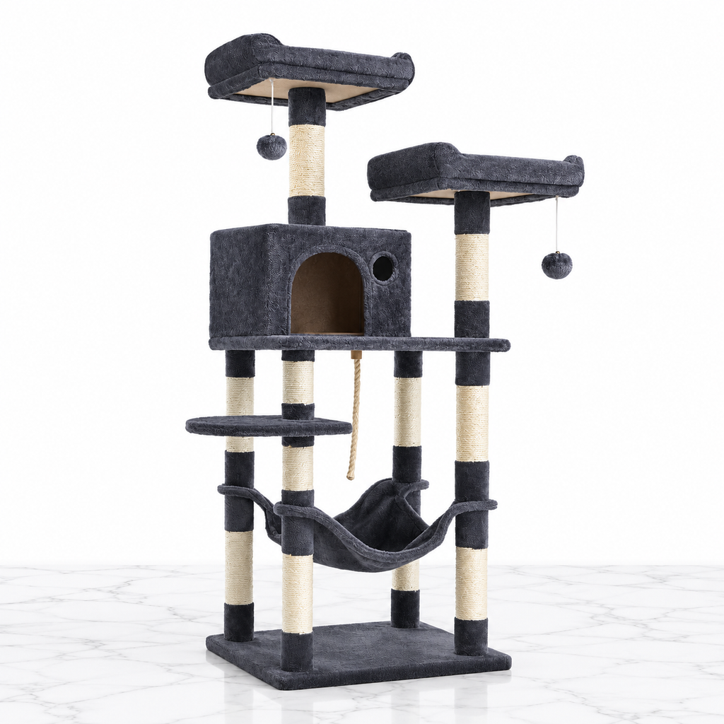 Misty Perch smoky-grey cat tower on white marble