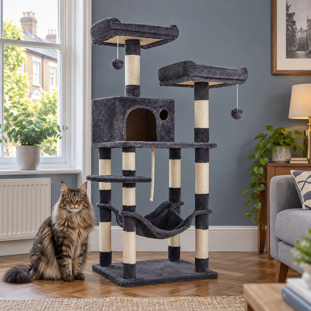 Misty Perch with Maine Coon in blue-grey UK living room