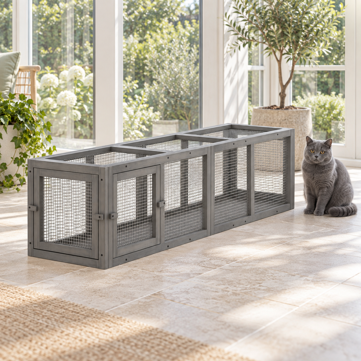Blue British Shorthair beside the modular indoor cat tunnel