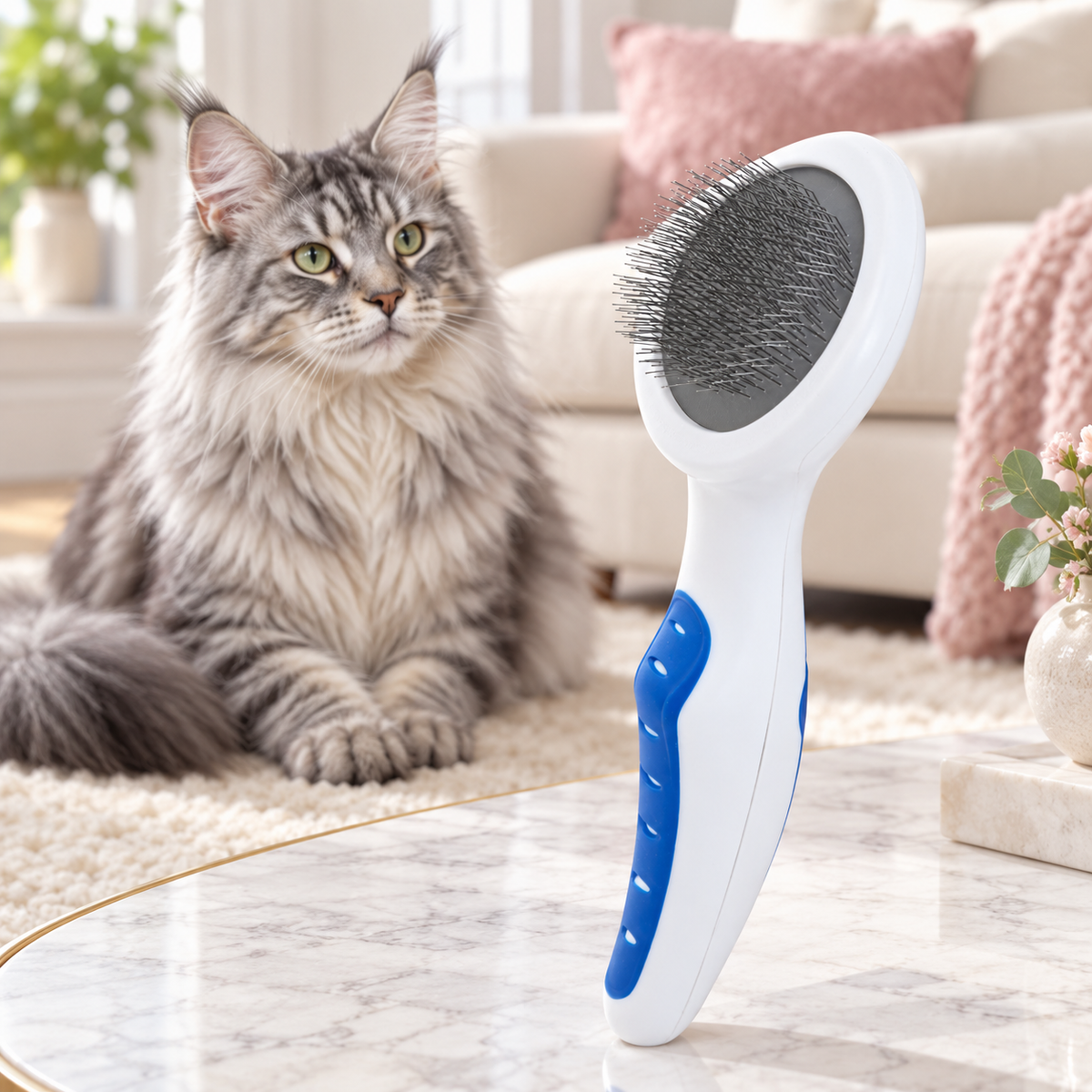Cat Slicker Brush with Comfort Grip beside a silver Maine Coon