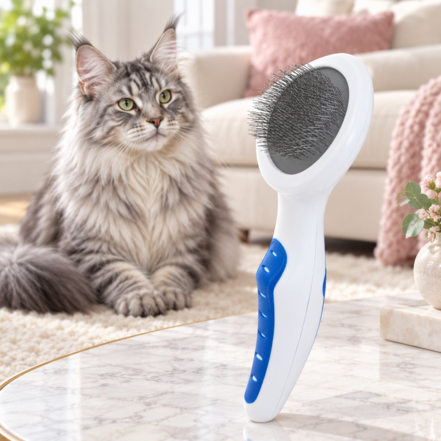Cat Slicker Brush with Comfort Grip beside a silver Maine Coon