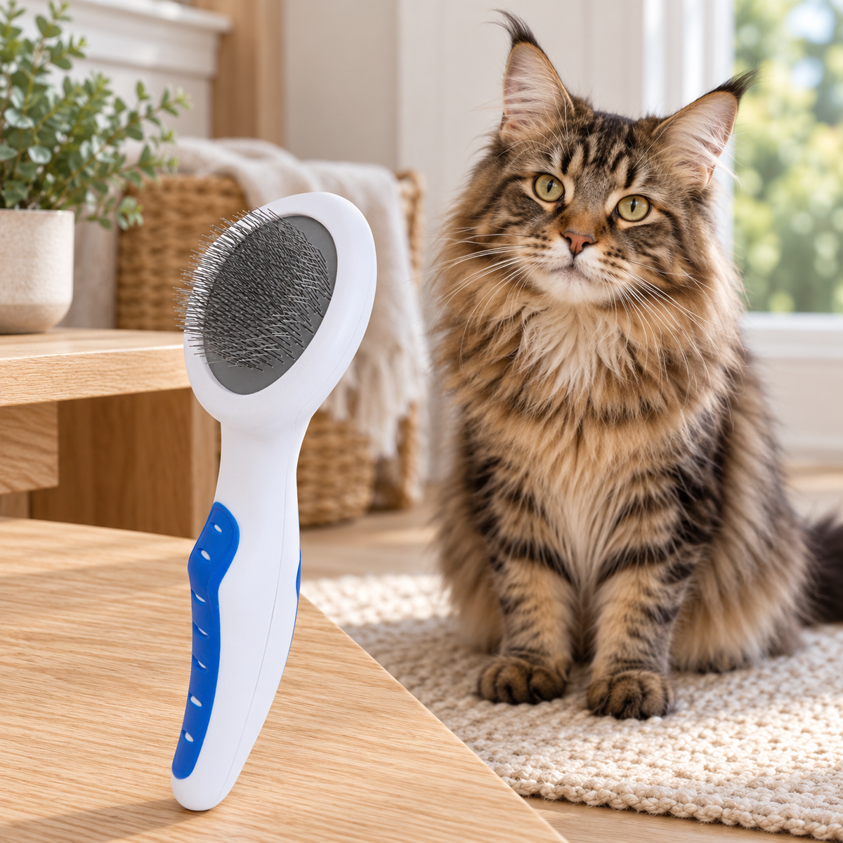 Cat Slicker Brush with Comfort Grip beside a brown Maine Coon
