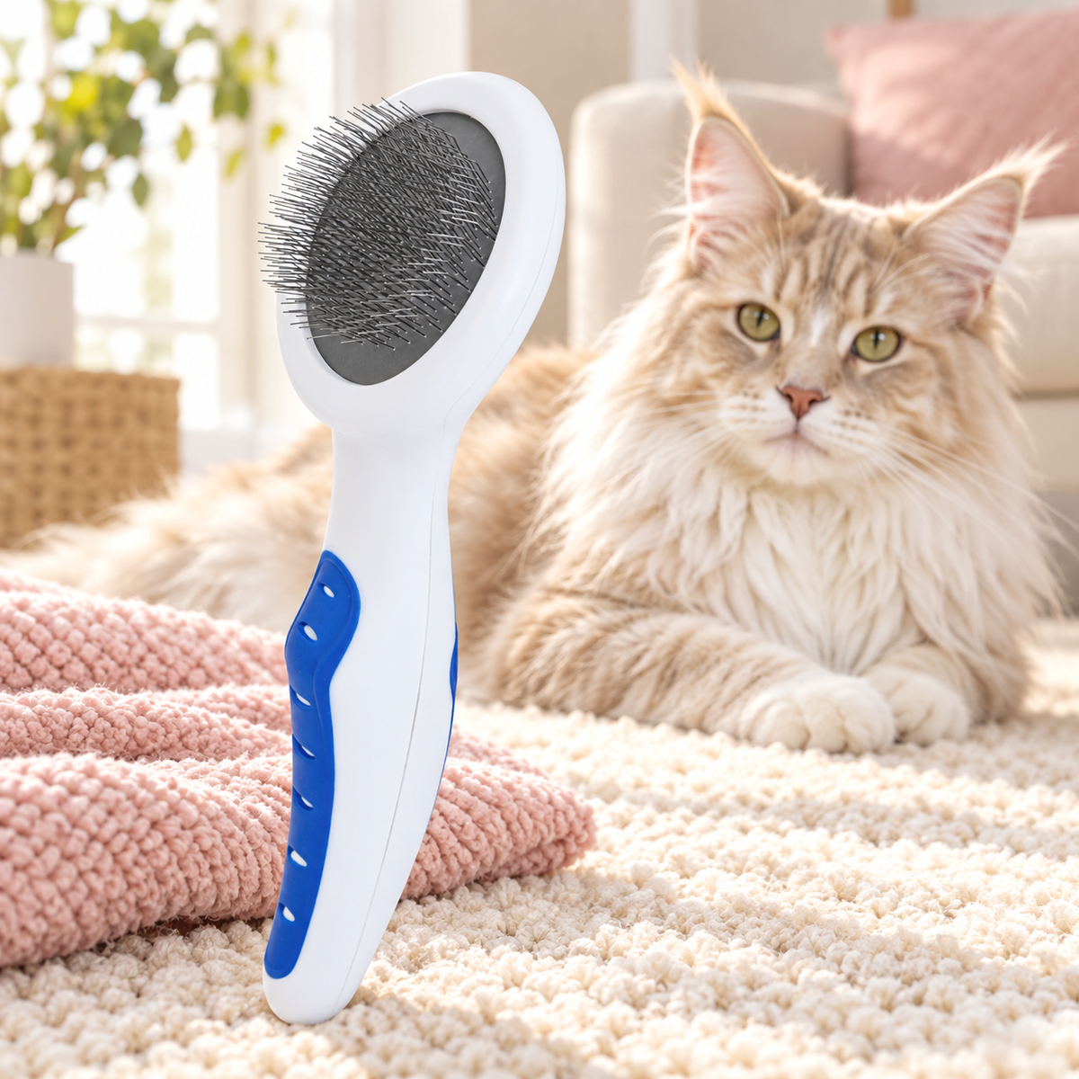 Cat Slicker Brush with Comfort Grip beside a cream Maine Coon