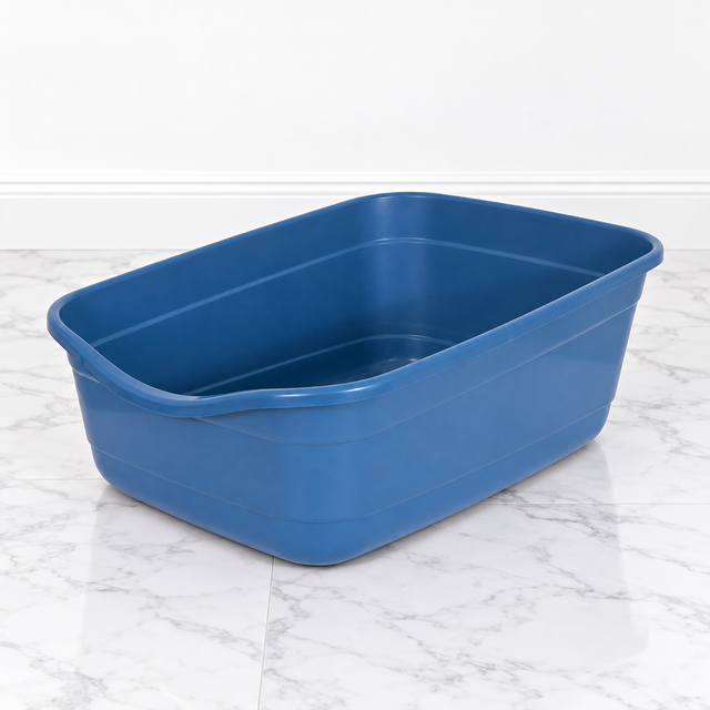 Giant Open Cat Litter Box — Blue Mesa on white marble