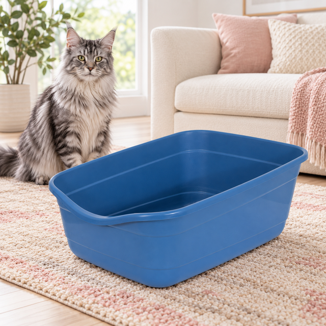 Giant Open Cat Litter Box — Blue Mesa beside a silver Maine Coon