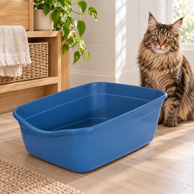 Giant Open Cat Litter Box — Blue Mesa beside a brown Maine Coon