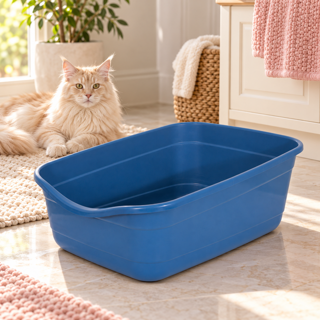 Giant Open Cat Litter Box — Blue Mesa beside a cream Maine Coon