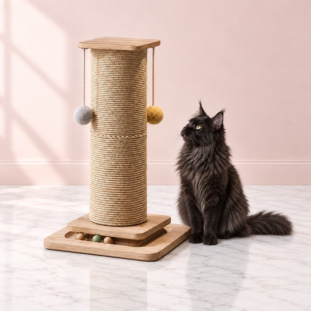 Scratch Central scratching post with wooden ball-track base beside a black Maine Coon in a pale pink room with white marble flooring.