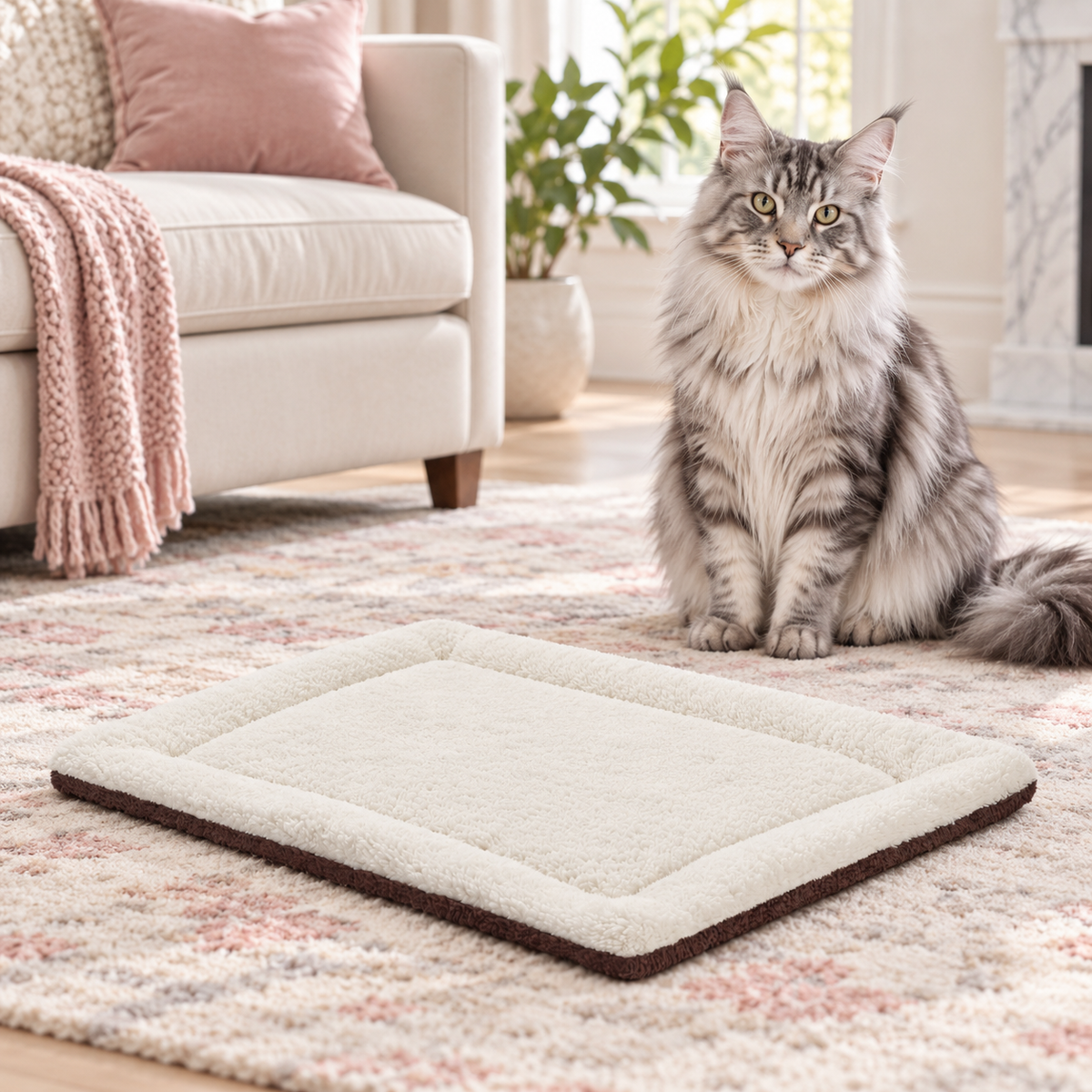 Self-Warming Cat Pad — Oatmeal & Chocolate beside a silver Maine Coon
