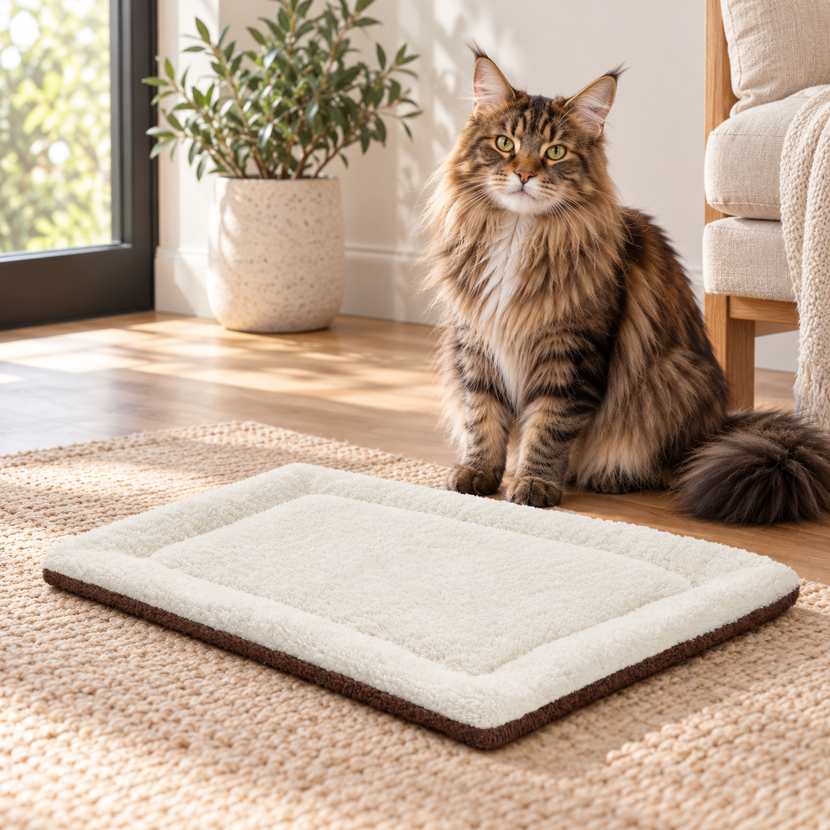 Self-Warming Cat Pad — Oatmeal & Chocolate beside a brown Maine Coon