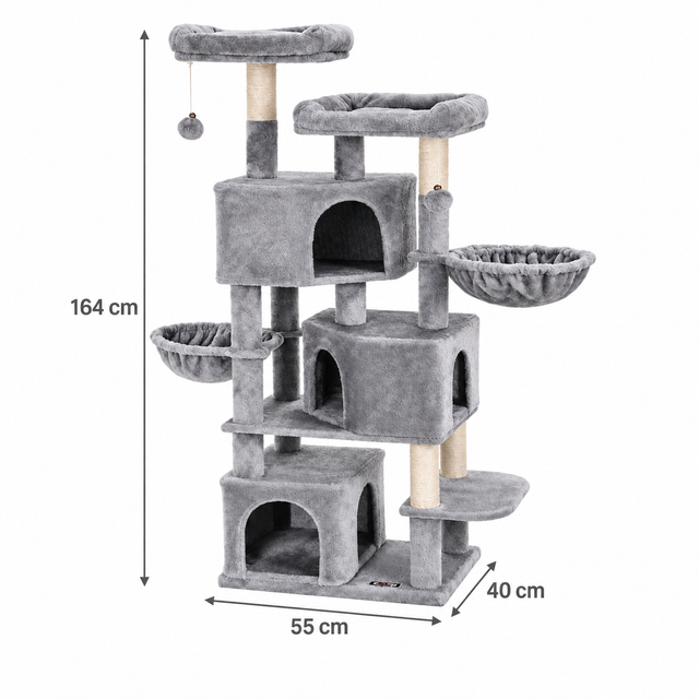 Plain white dimension diagram for Maine Coon Cat Tree 164cm | Large Cat Tower – Silver Lodge showing product size measurements in centimetres.