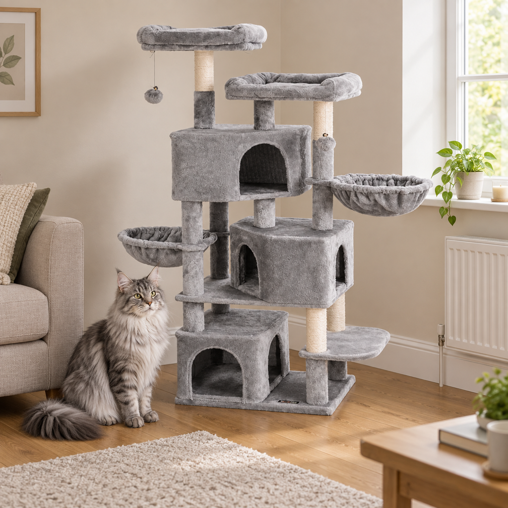 Silver Lodge cat tower with a Maine Coon in a beige UK living room