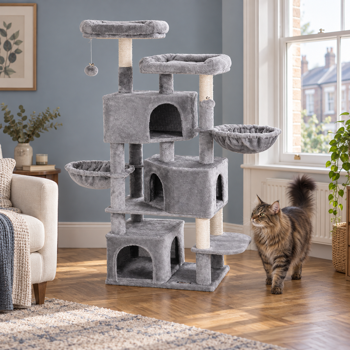 Silver Lodge cat tower with a Maine Coon in a blue-grey UK living room