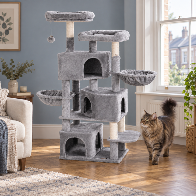 Silver Lodge cat tower with a Maine Coon in a blue-grey UK living room