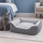 Grey British Shorthair beside the Silver Velvet Nest cat bed