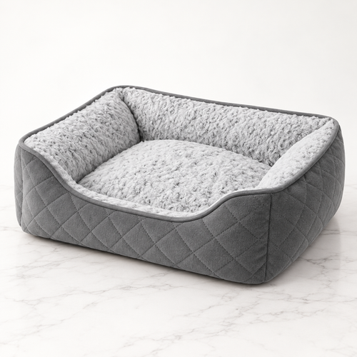 Silver Velvet Nest grey quilted cat bed with silver plush lining on white marble